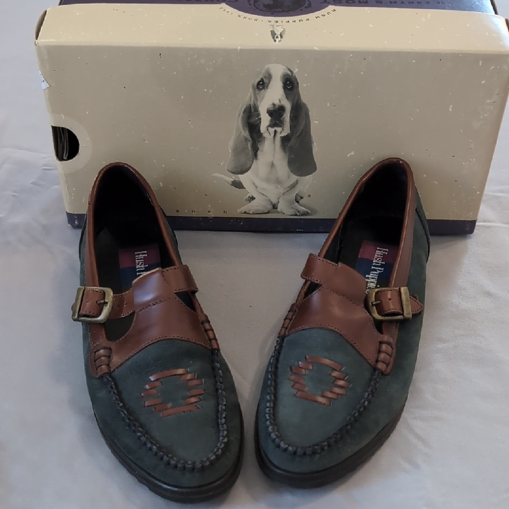 Vintage 90s Women's Size 7 1/2 Hush Puppies Blue Brown Suede Leather Loafers